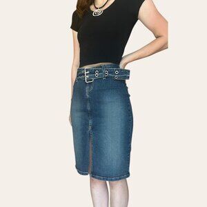 Y2k vintage belted denim distressed midi pencil skirt C’est Toi
